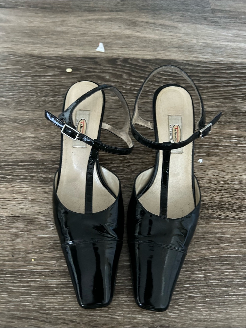 Tablots Black Patent Leather T-Strap Slingback Heels